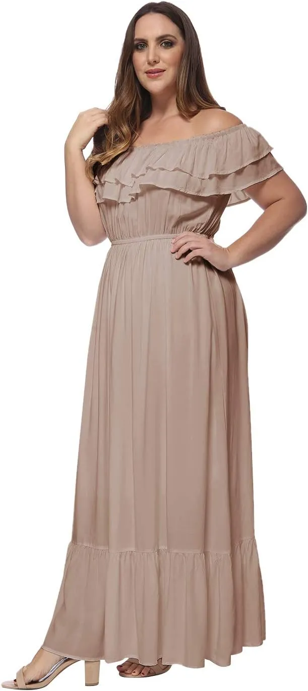 Anna-Kaci Women's Plus Size Bohemian Ruffle Off The Shoulder Stretchy Empire Waist Maxi Long Dress,