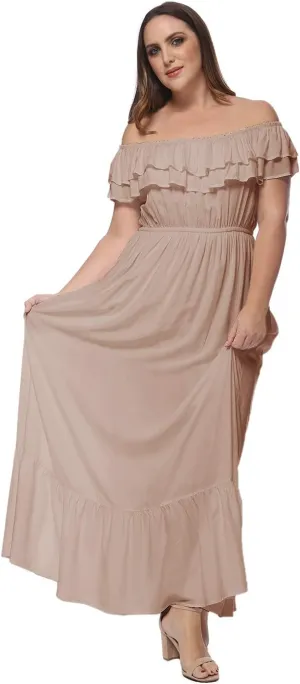 Anna-Kaci Women's Plus Size Bohemian Ruffle Off The Shoulder Stretchy Empire Waist Maxi Long Dress,