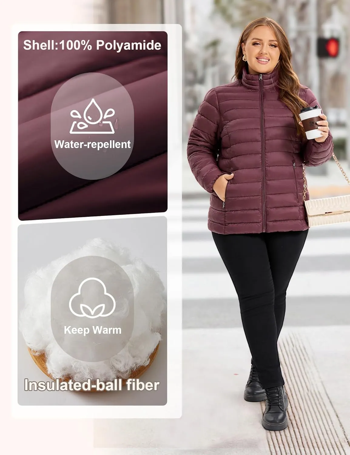 ANOTHER CHOICE Plus Size Puffer Jacket for Women, Lightweight Packable Stand Collar Winter Puffer Coat