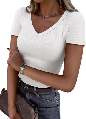 ANRABESS Women Short Sleeve V Neck Ribbed Knit Fitted Shirts Basic Tees Tops 2025 Summer Casual T-Shirts Going Out Outfits