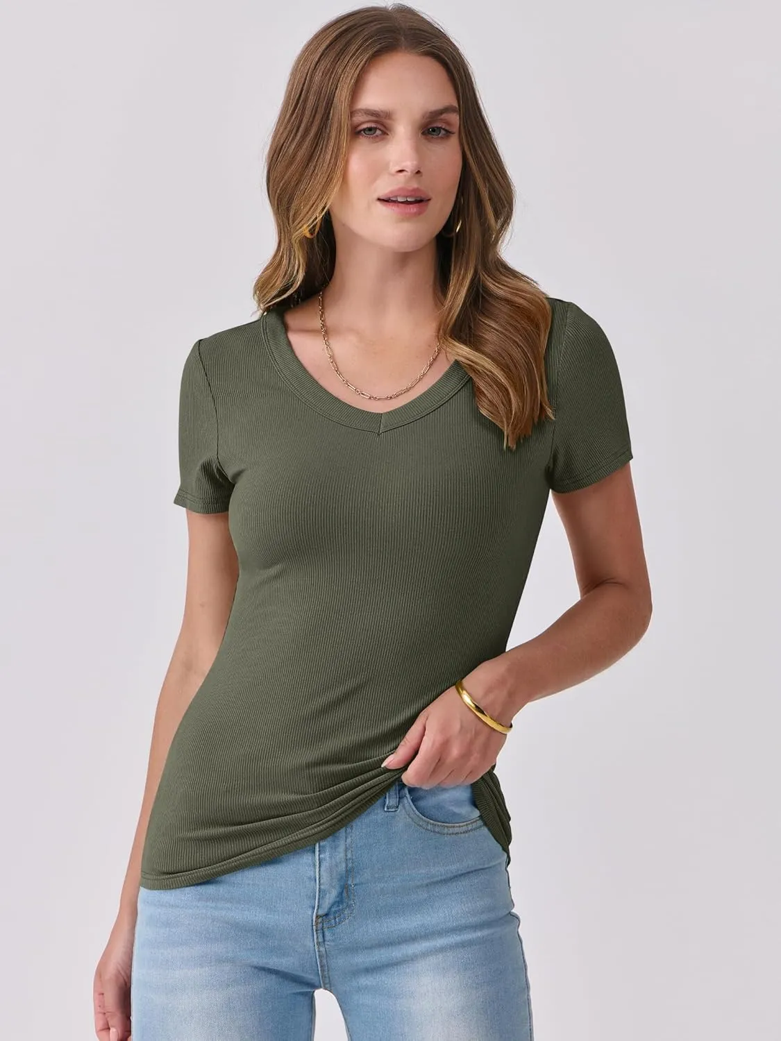 ANRABESS Women Short Sleeve V Neck Ribbed Knit Fitted Shirts Basic Tees Tops 2025 Summer Casual T-Shirts Going Out Outfits