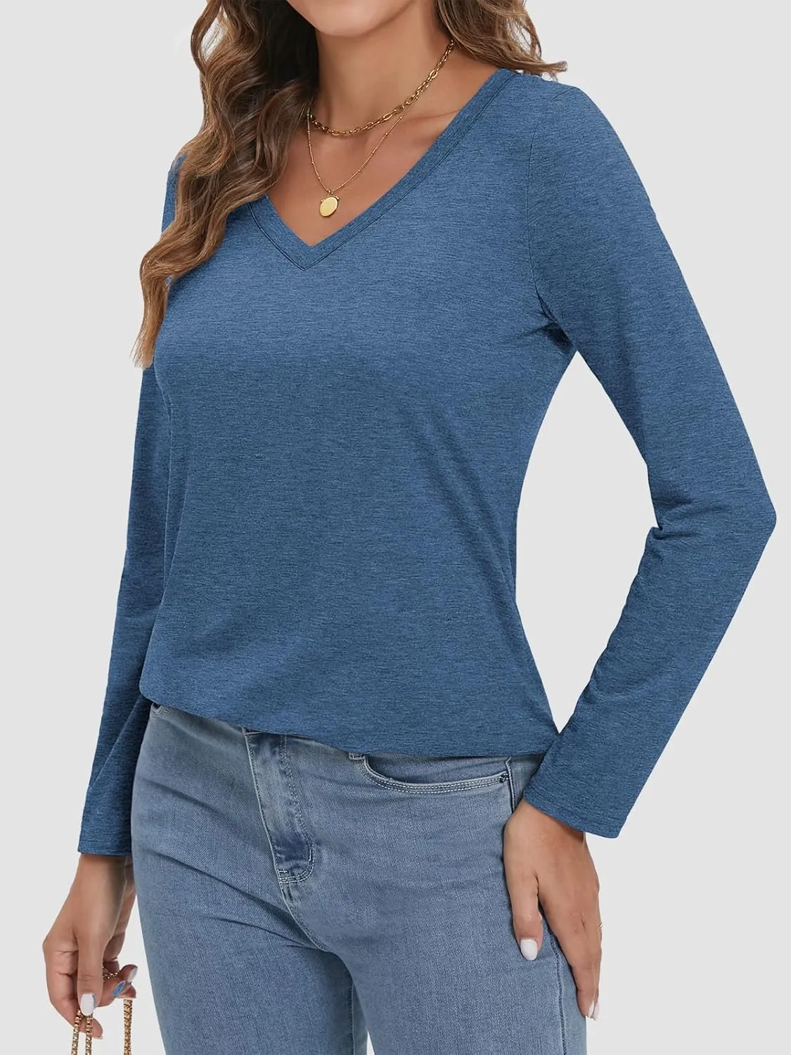 ATHMILE Womens 2025 Fall Long Sleeve Shirts Basic Apparel Shirts Trendy V Neck Tshirt for Women Curved Hem Tops