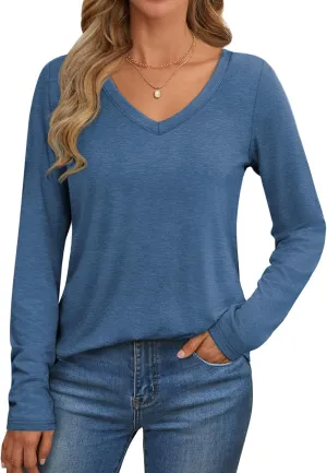 ATHMILE Womens 2025 Fall Long Sleeve Shirts Basic Apparel Shirts Trendy V Neck Tshirt for Women Curved Hem Tops