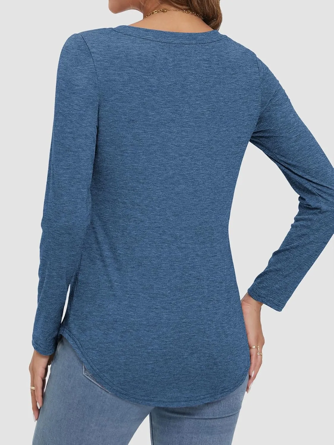 ATHMILE Womens 2025 Fall Long Sleeve Shirts Basic Apparel Shirts Trendy V Neck Tshirt for Women Curved Hem Tops