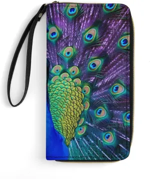 Beauty Peacock Leather Wallet Smooth Zip Around Clutch Wristlet Travel Long Soft Purse for Women