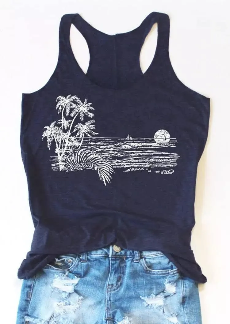 Beopjesk Women's Gradient Coconut Tree Tank Tops Summer Sleeveless V-Neck Button Down Henley Shirt
