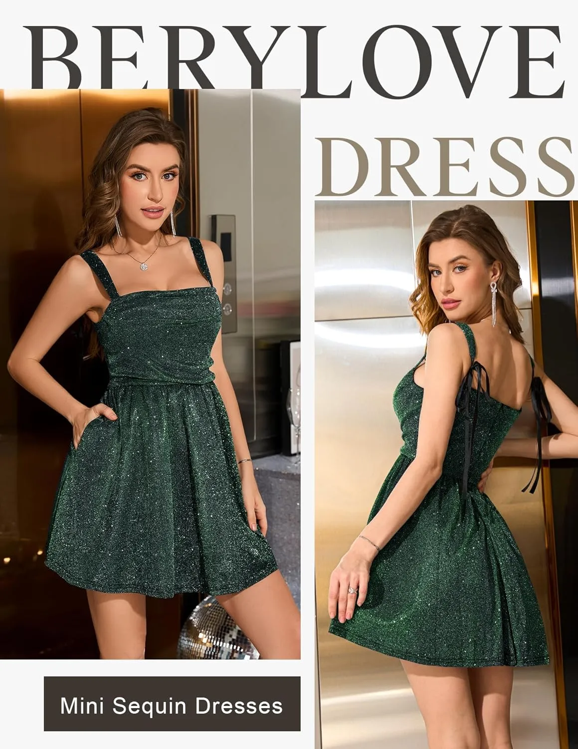BeryLove Women Sequin Prom Dress Cocktail Sleeveless Sparkly Tie Party Mini Formal Dresses