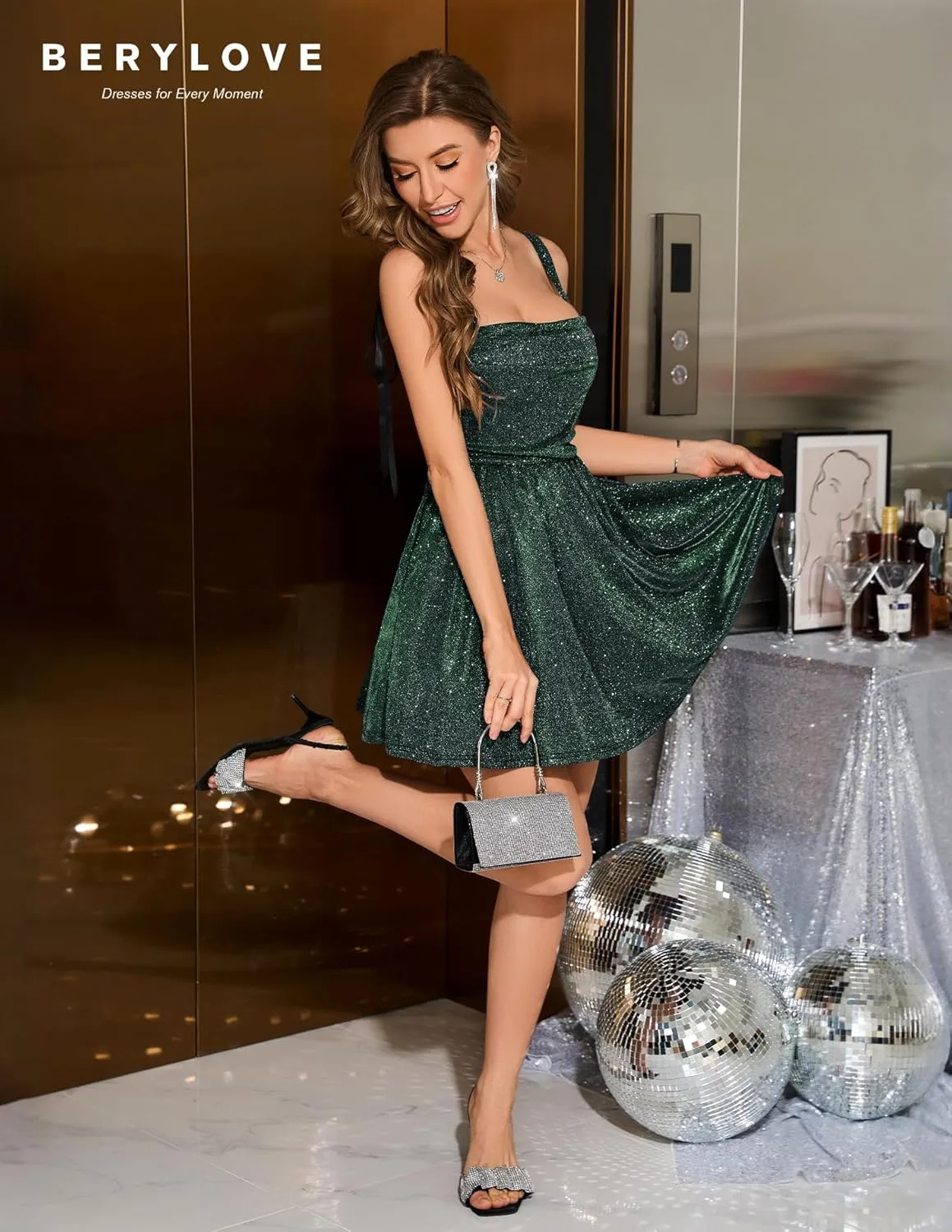 BeryLove Women Sequin Prom Dress Cocktail Sleeveless Sparkly Tie Party Mini Formal Dresses