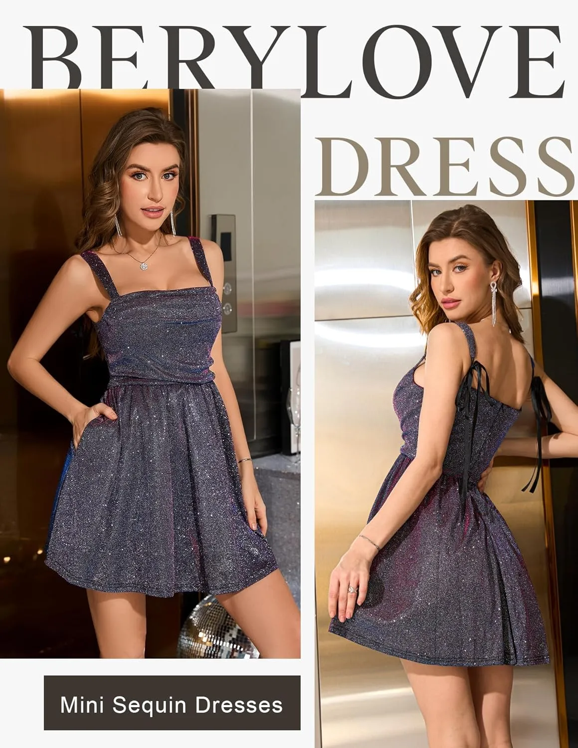 BeryLove Women Sequin Prom Dress Cocktail Sleeveless Sparkly Tie Party Mini Formal Dresses