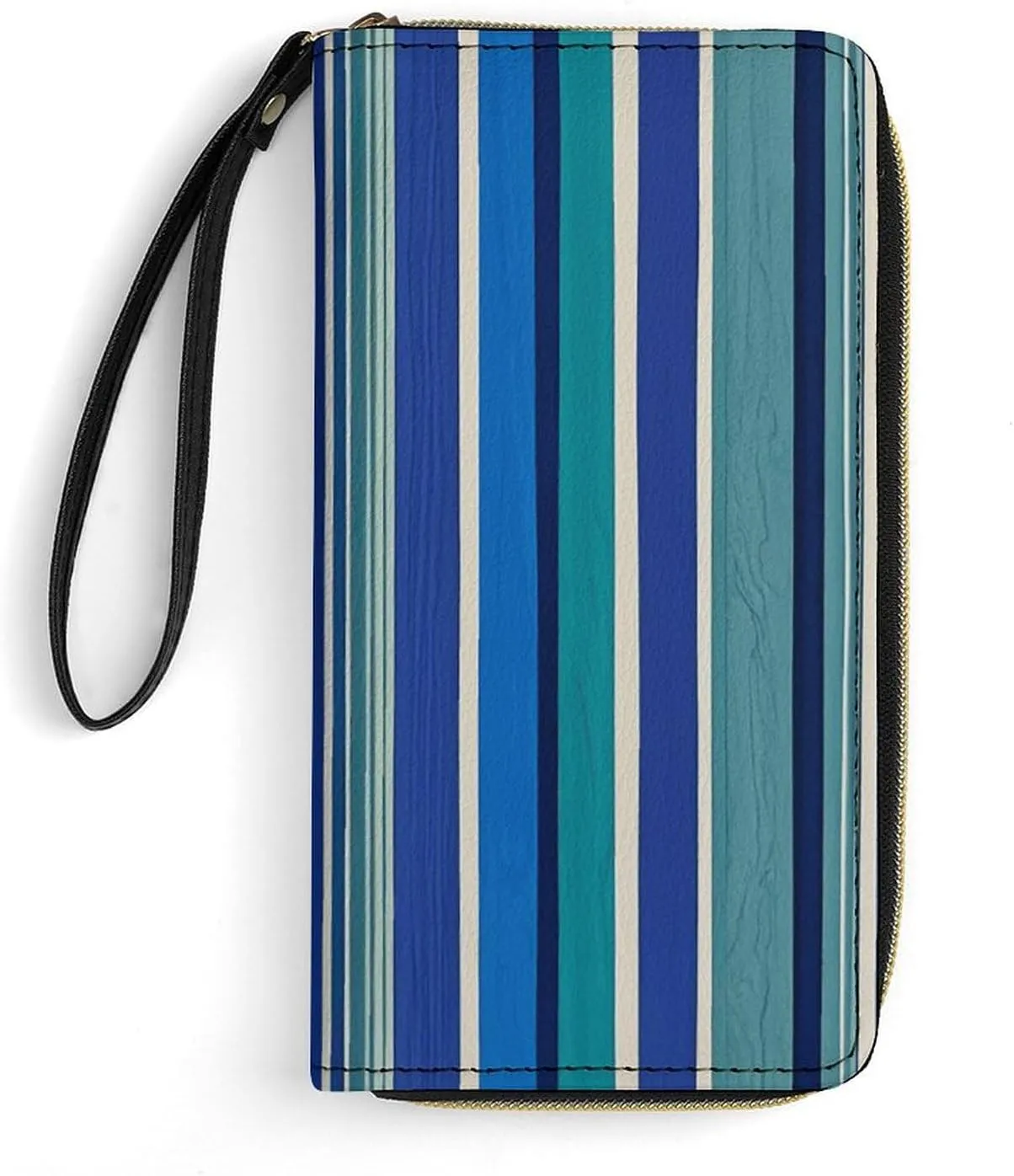 Blue Stripe Leather Wallet Smooth Zip Around Clutch Wristlet Travel Long Soft Purse for Women