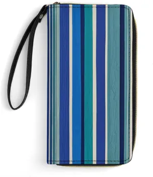 Blue Stripe Leather Wallet Smooth Zip Around Clutch Wristlet Travel Long Soft Purse for Women