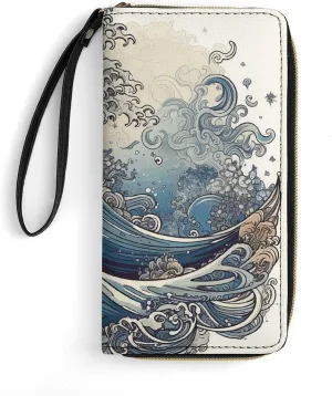 Blue Wave Style Leather Wallet Smooth Zip Around Clutch Wristlet Travel Long Soft Purse for Women