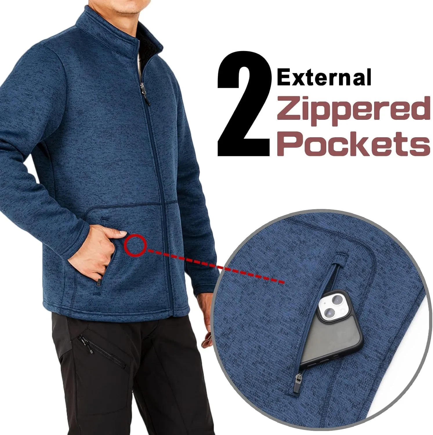 Bonnorth Men's Long Sleeve Sweater Fleece Jacket, Sherpa Lined Full Zip Windproof Outerwear with Zip Pocket