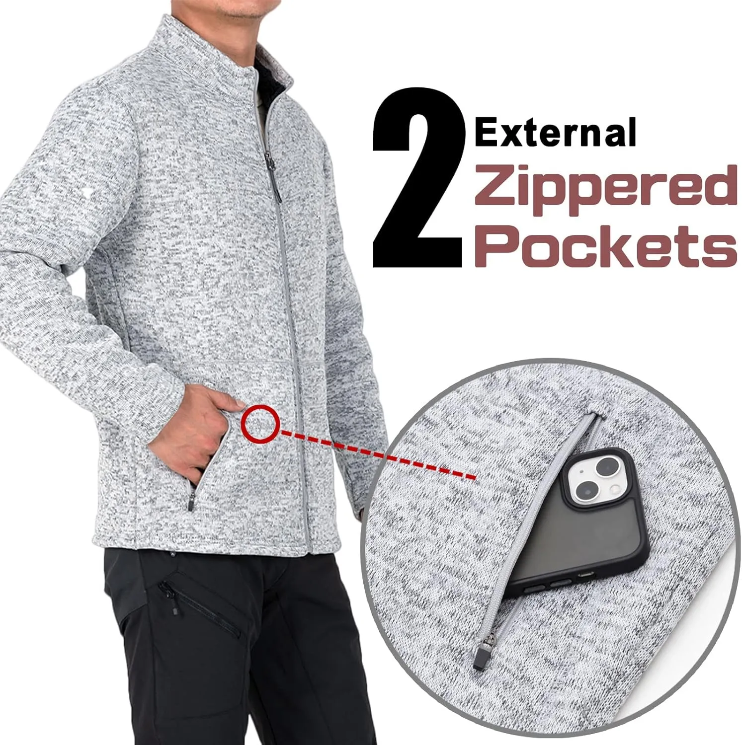 Bonnorth Men's Long Sleeve Sweater Fleece Jacket, Sherpa Lined Full Zip Windproof Outerwear with Zip Pocket