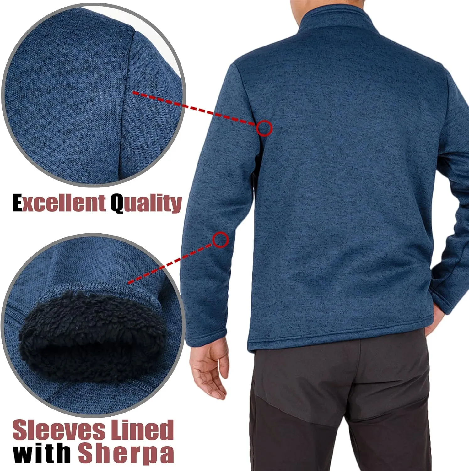 Bonnorth Men's Long Sleeve Sweater Fleece Jacket, Sherpa Lined Full Zip Windproof Outerwear with Zip Pocket