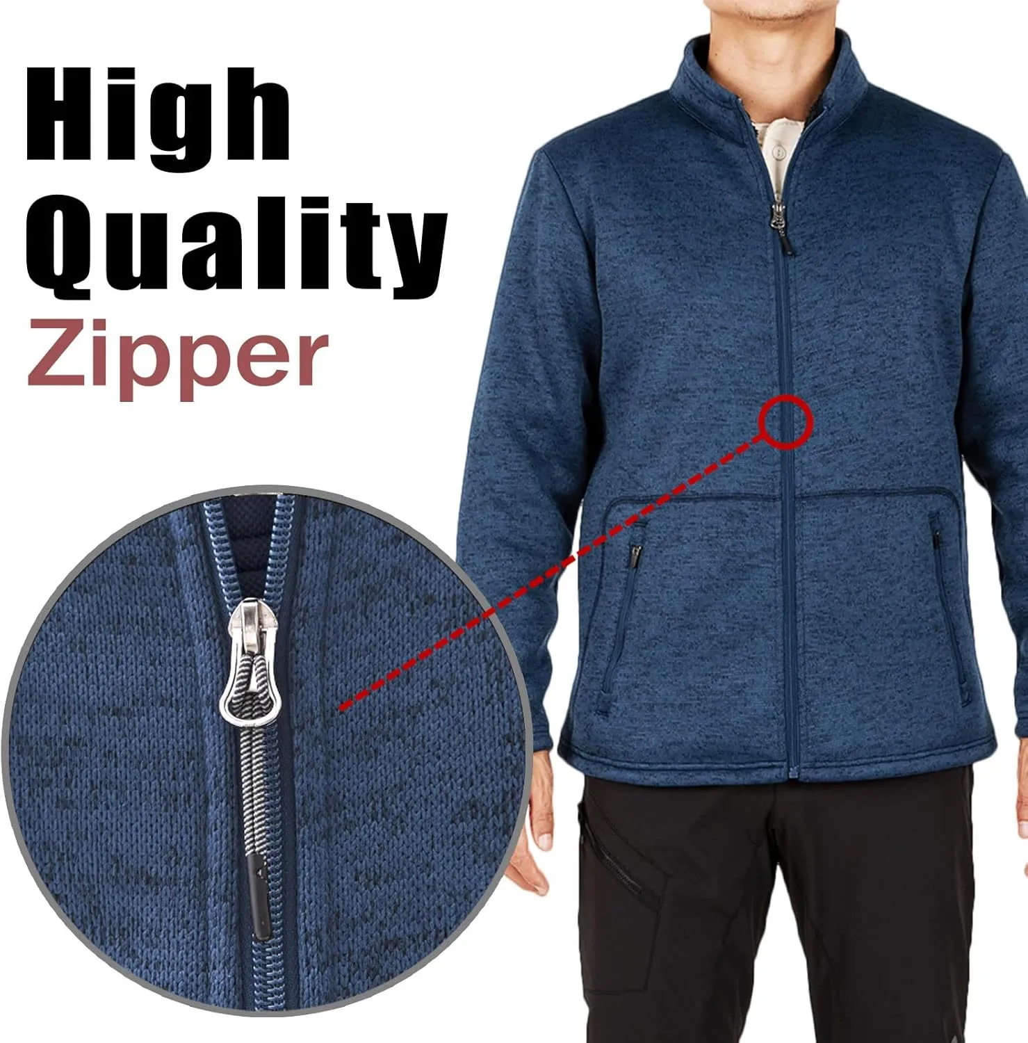 Bonnorth Men's Long Sleeve Sweater Fleece Jacket, Sherpa Lined Full Zip Windproof Outerwear with Zip Pocket