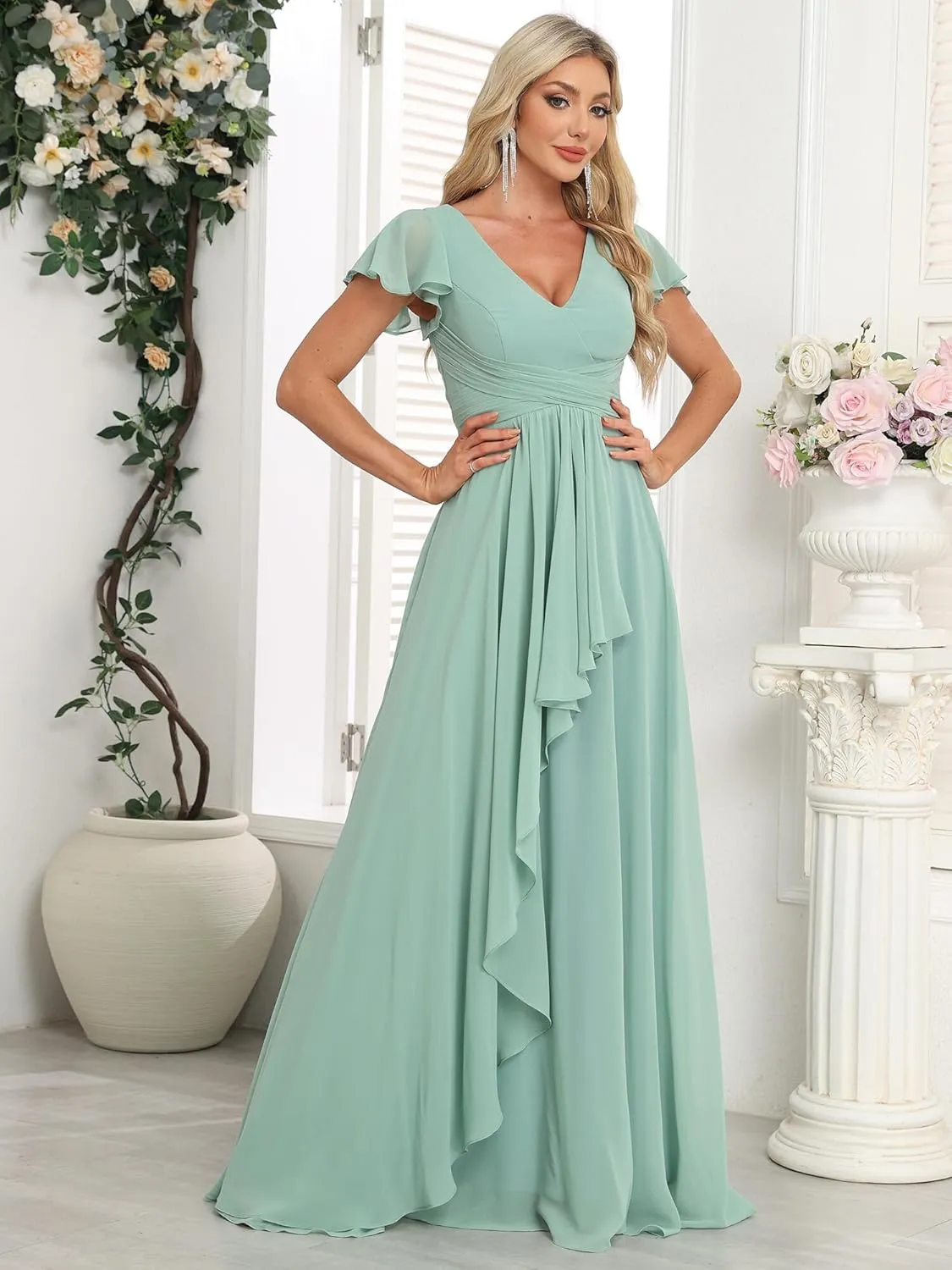 Bridesmaid Dresses Chiffon Wedding Guest Dresses for Women Floor Length V-Neck Ruffle Sleeves Ruched Formal Dress