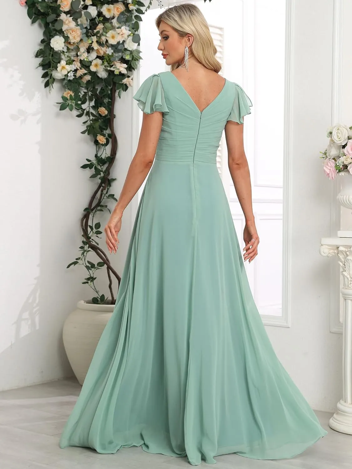 Bridesmaid Dresses Chiffon Wedding Guest Dresses for Women Floor Length V-Neck Ruffle Sleeves Ruched Formal Dress