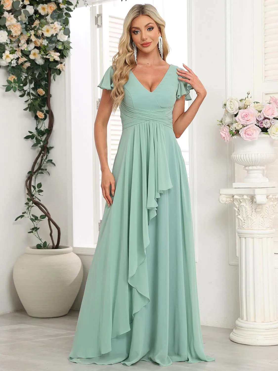 Bridesmaid Dresses Chiffon Wedding Guest Dresses for Women Floor Length V-Neck Ruffle Sleeves Ruched Formal Dress