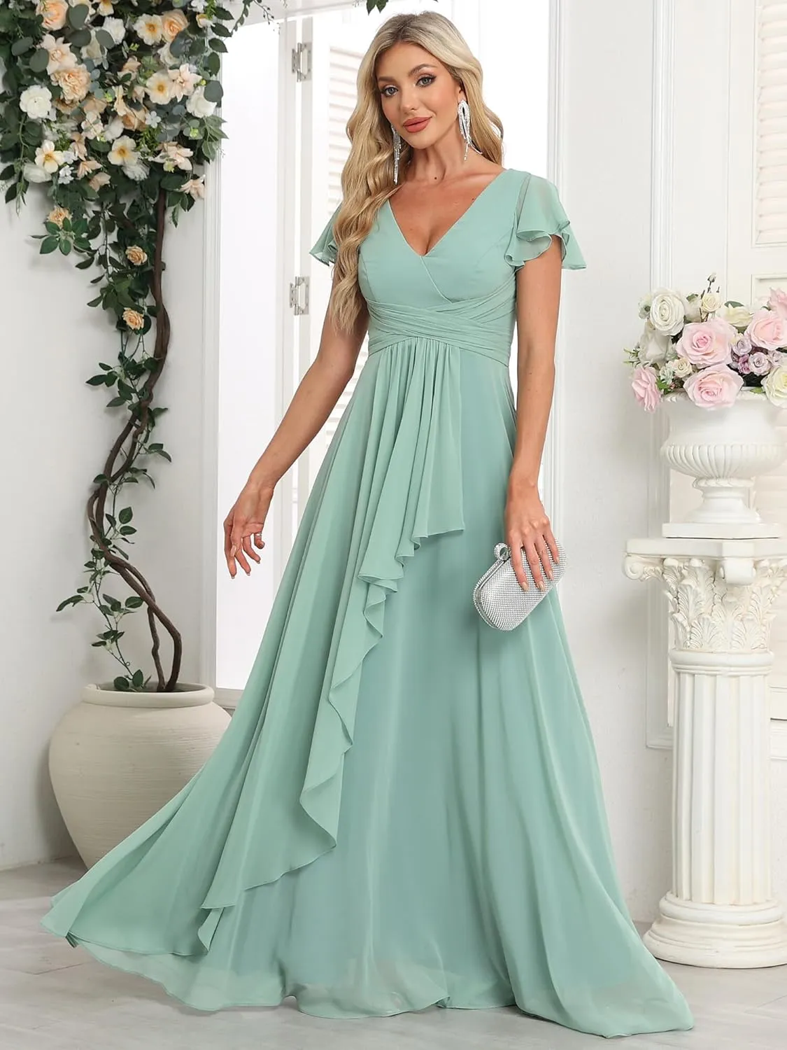Bridesmaid Dresses Chiffon Wedding Guest Dresses for Women Floor Length V-Neck Ruffle Sleeves Ruched Formal Dress