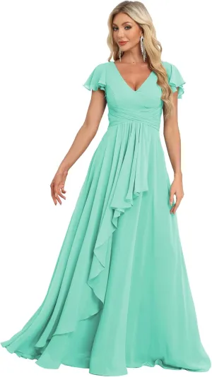 Bridesmaid Dresses Chiffon Wedding Guest Dresses for Women Floor Length V-Neck Ruffle Sleeves Ruched Formal Dress