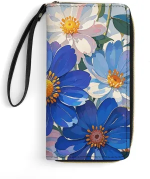 Bright Watercolor Flowers Leather Wallet Smooth Zip Around Clutch Wristlet Travel Long Soft Purse for Women