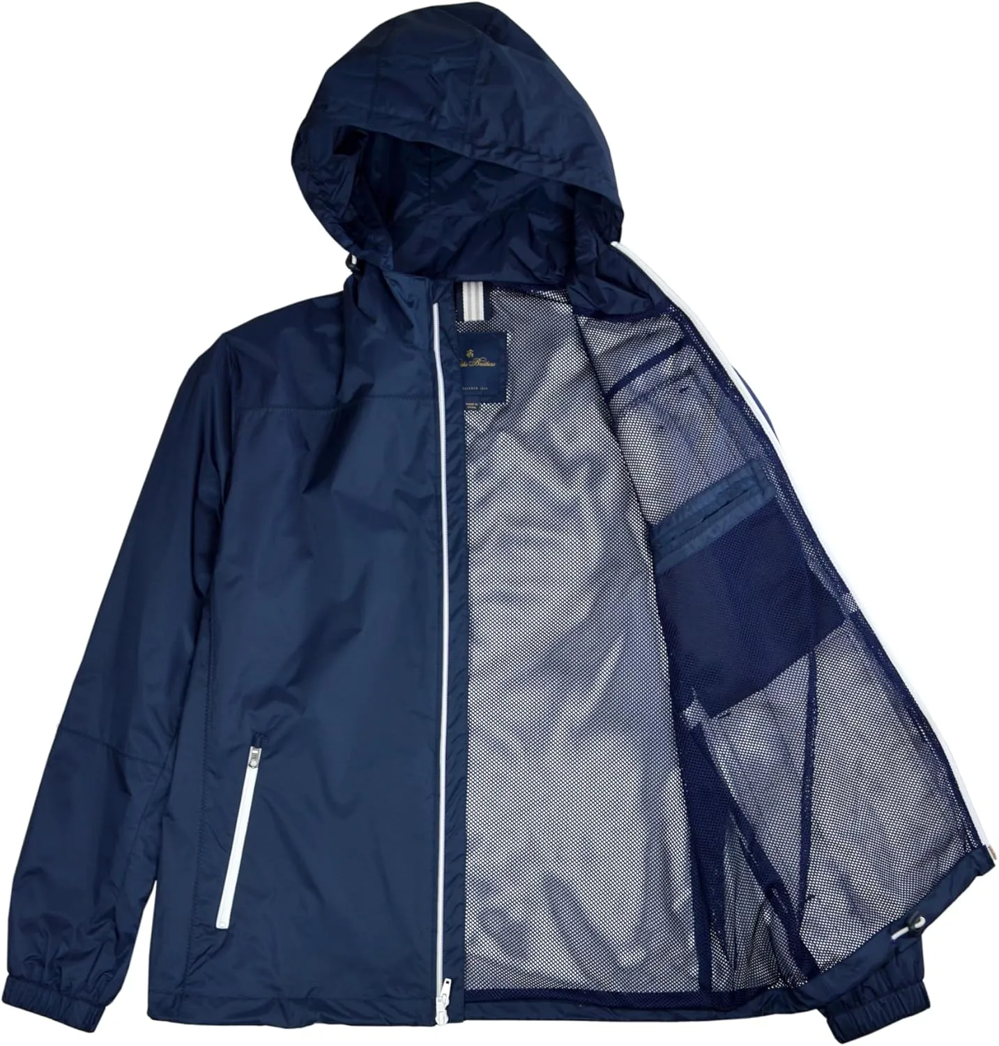 Brooks Brothers Mens Smooth Nylon Contrast Zip Hooded Windbreaker Rain Coat Jacket,