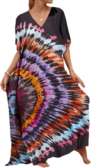 Bsubseach Kaftan Dresses for Women Plus Size Tie Dye Batwing Sleeve Caftans Swimsuit Coverup Maxi Dress Loungewear
