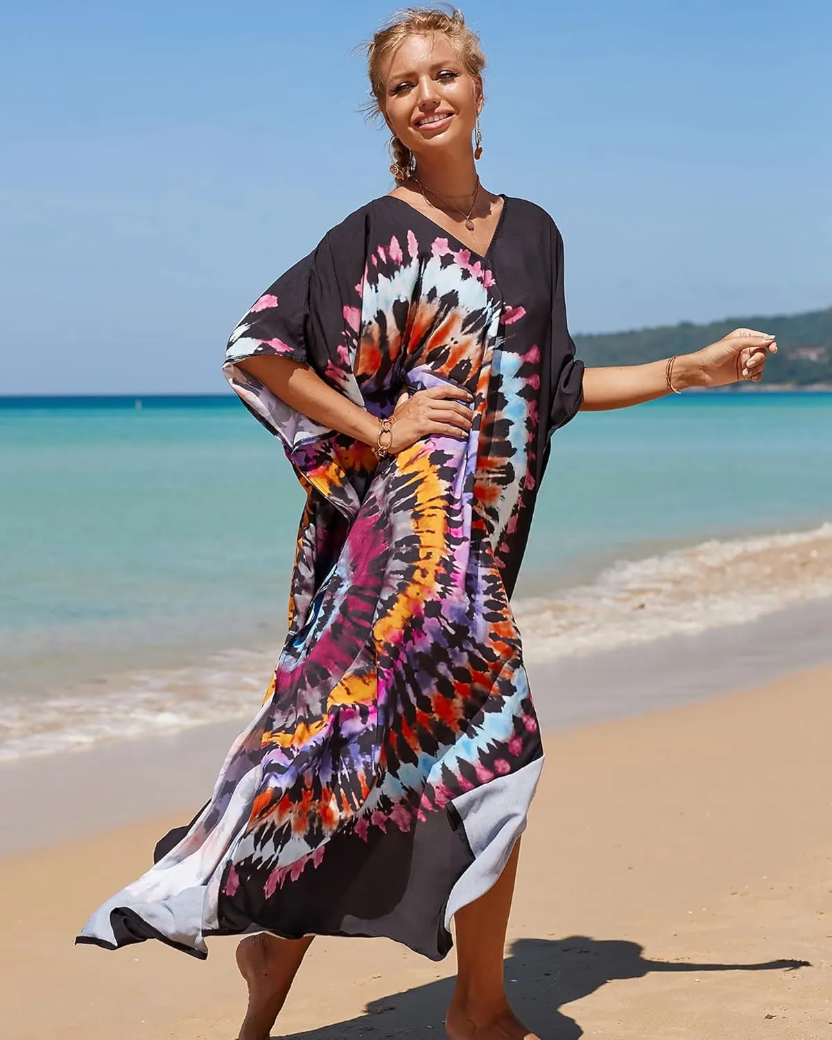 Bsubseach Kaftan Dresses for Women Plus Size Tie Dye Batwing Sleeve Caftans Swimsuit Coverup Maxi Dress Loungewear