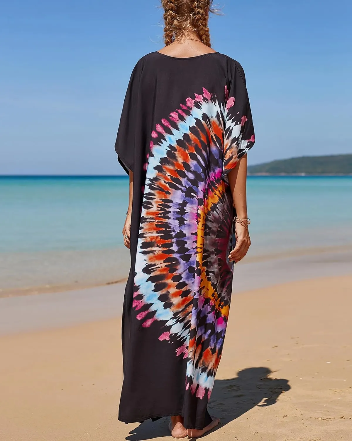 Bsubseach Kaftan Dresses for Women Plus Size Tie Dye Batwing Sleeve Caftans Swimsuit Coverup Maxi Dress Loungewear