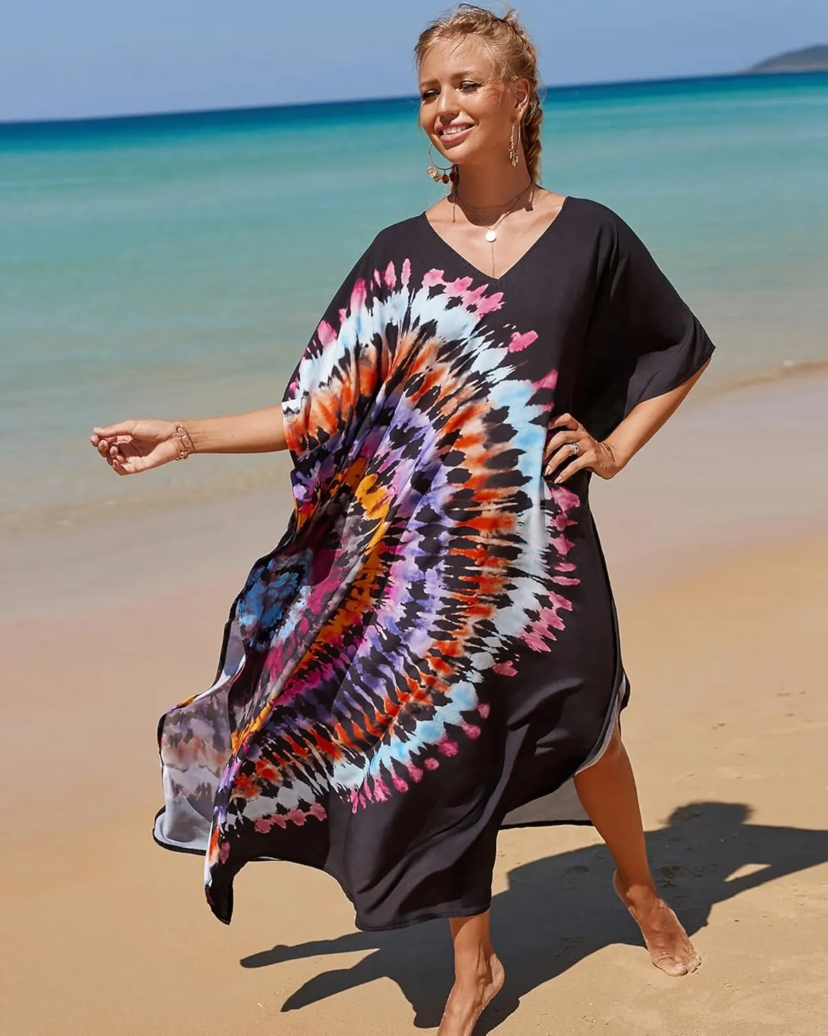 Bsubseach Kaftan Dresses for Women Plus Size Tie Dye Batwing Sleeve Caftans Swimsuit Coverup Maxi Dress Loungewear