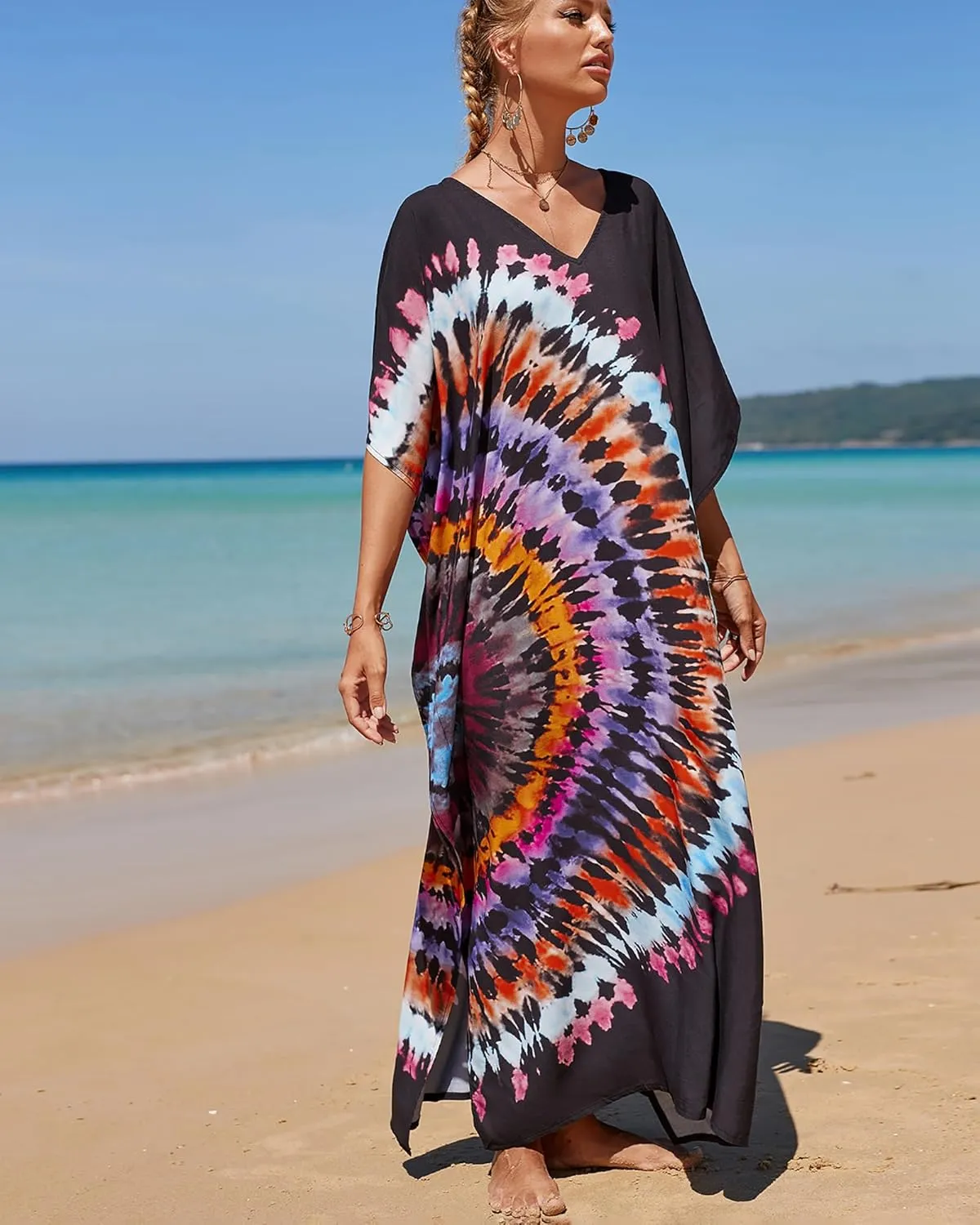 Bsubseach Kaftan Dresses for Women Plus Size Tie Dye Batwing Sleeve Caftans Swimsuit Coverup Maxi Dress Loungewear