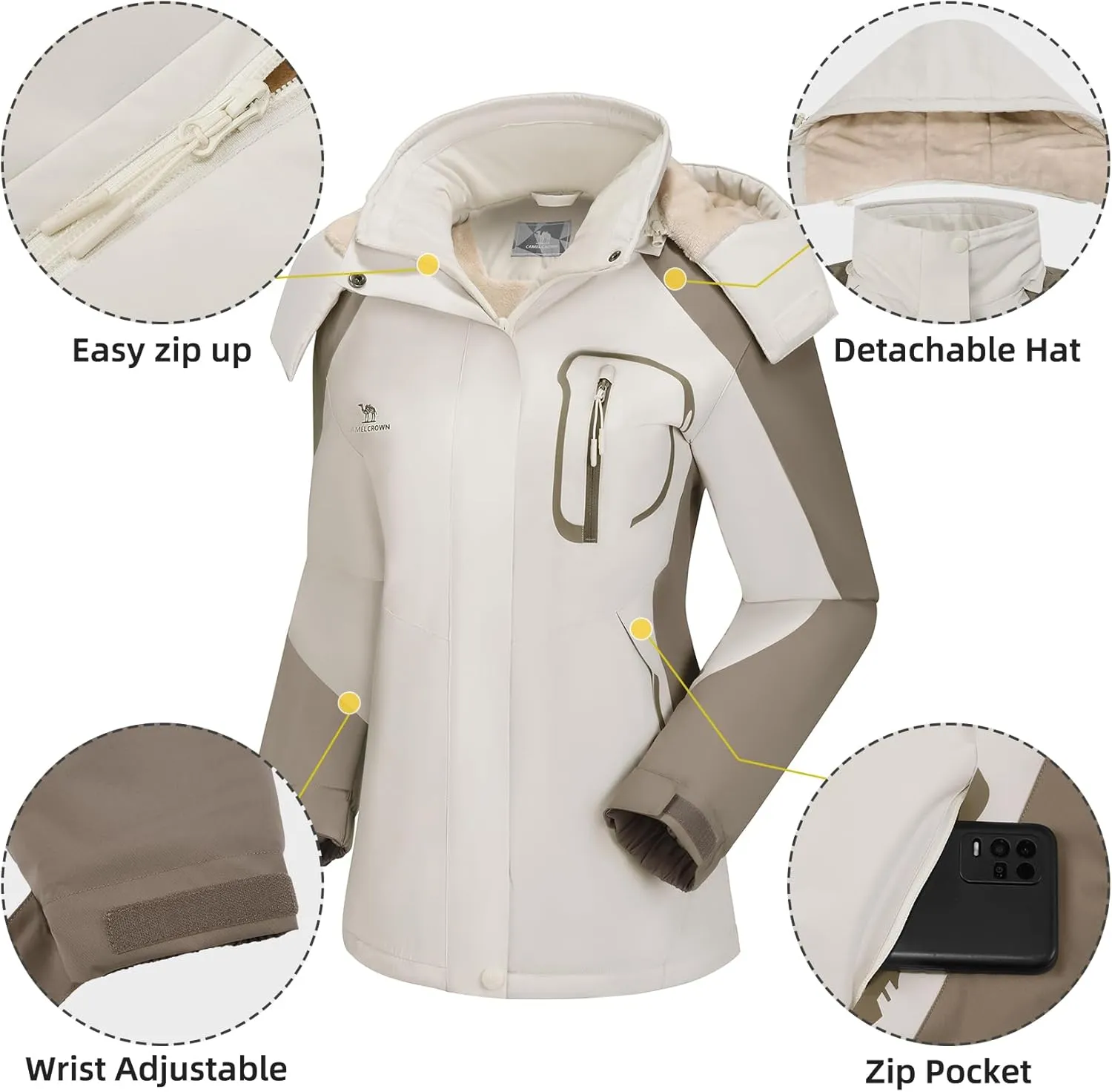 CAMEL CROWN Women's Ski Jacket Winter Snow Coat Warm Fleece Mountain Waterproof Female Jacket Snowboarding jackets