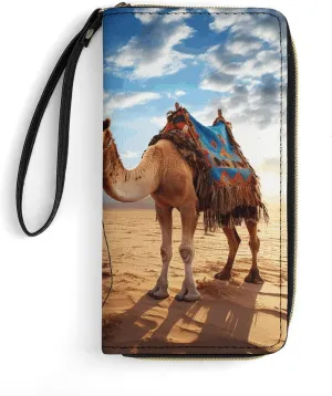 Camel Sky Leather Wallet Smooth Zip Around Clutch Wristlet Travel Long Soft Purse for Women