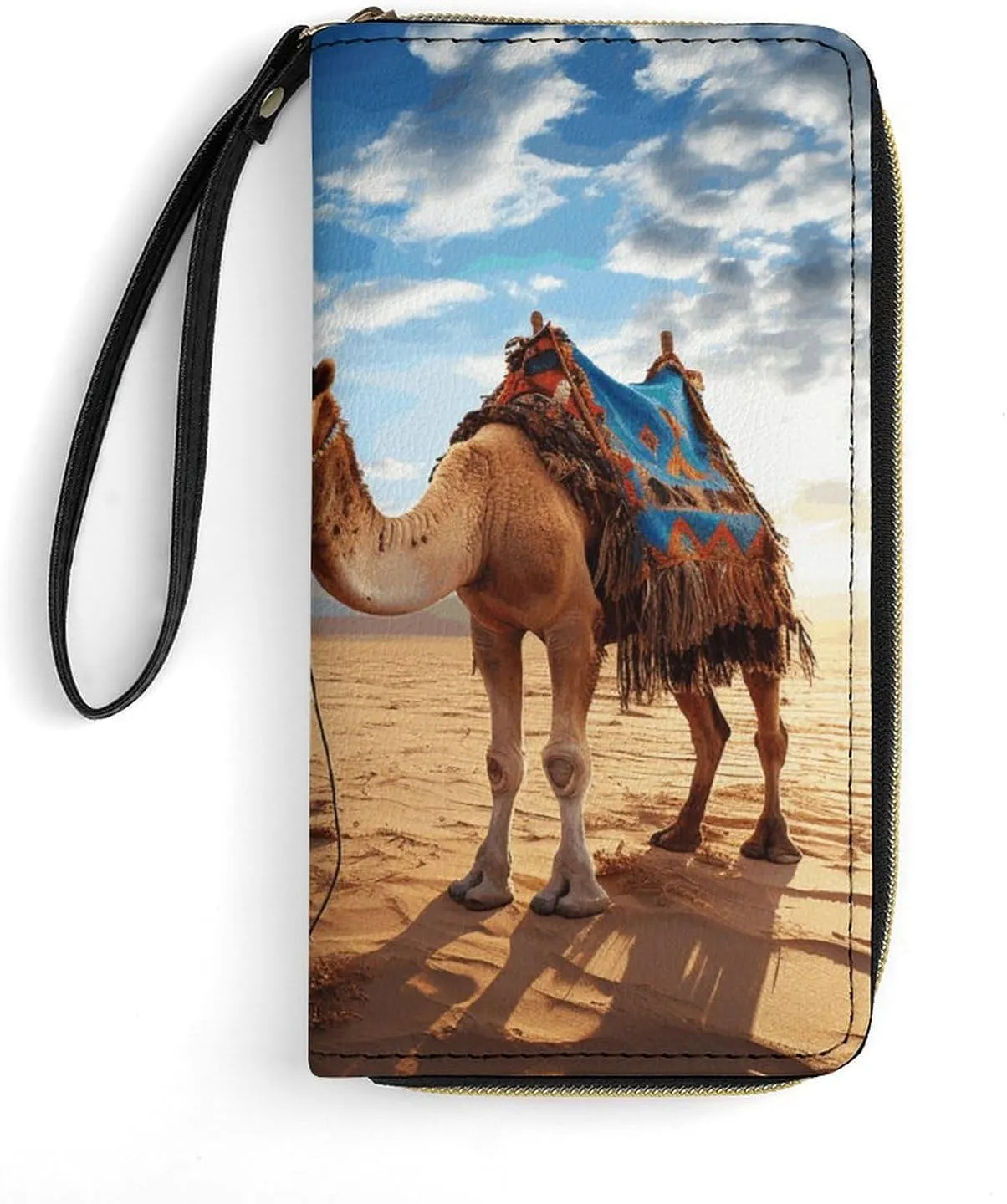 Camel Sky Leather Wallet Smooth Zip Around Clutch Wristlet Travel Long Soft Purse for Women