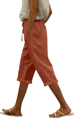 Capris Pants for Women Color Cotton Linen Elastic Seven Pants Beach Casual Pants Linen Baggy Comfort Trousers with