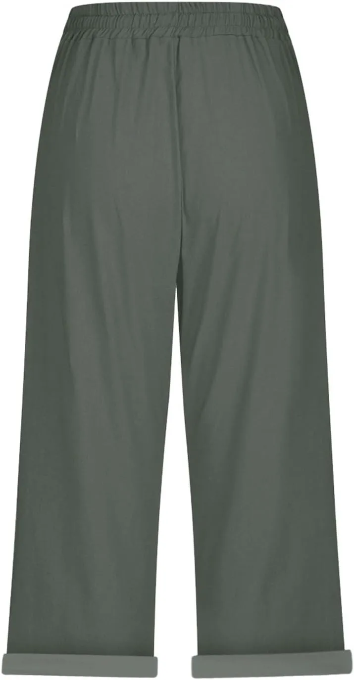 Capris Pants for Women Color Cotton Linen Elastic Seven Pants Beach Casual Pants Linen Baggy Comfort Trousers with