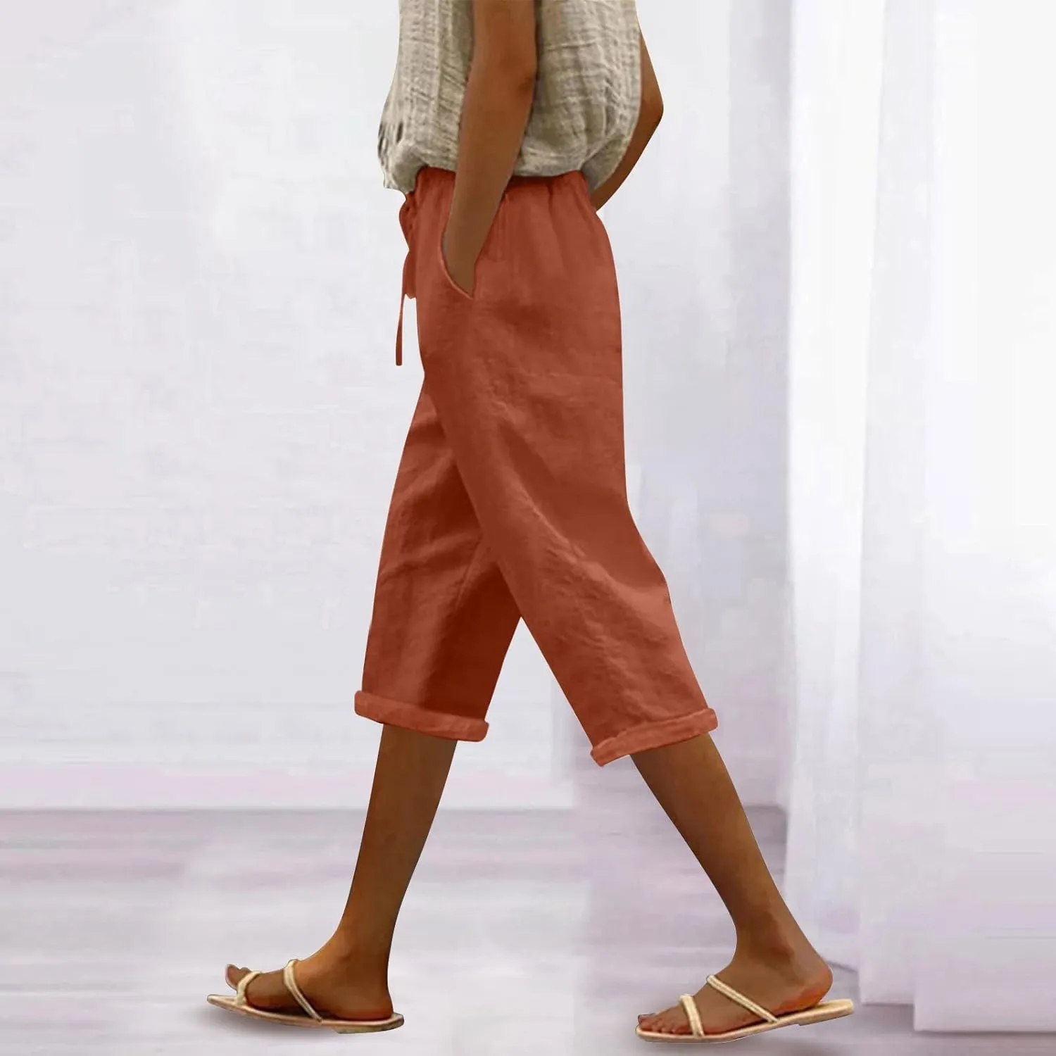Capris Pants for Women Color Cotton Linen Elastic Seven Pants Beach Casual Pants Linen Baggy Comfort Trousers with