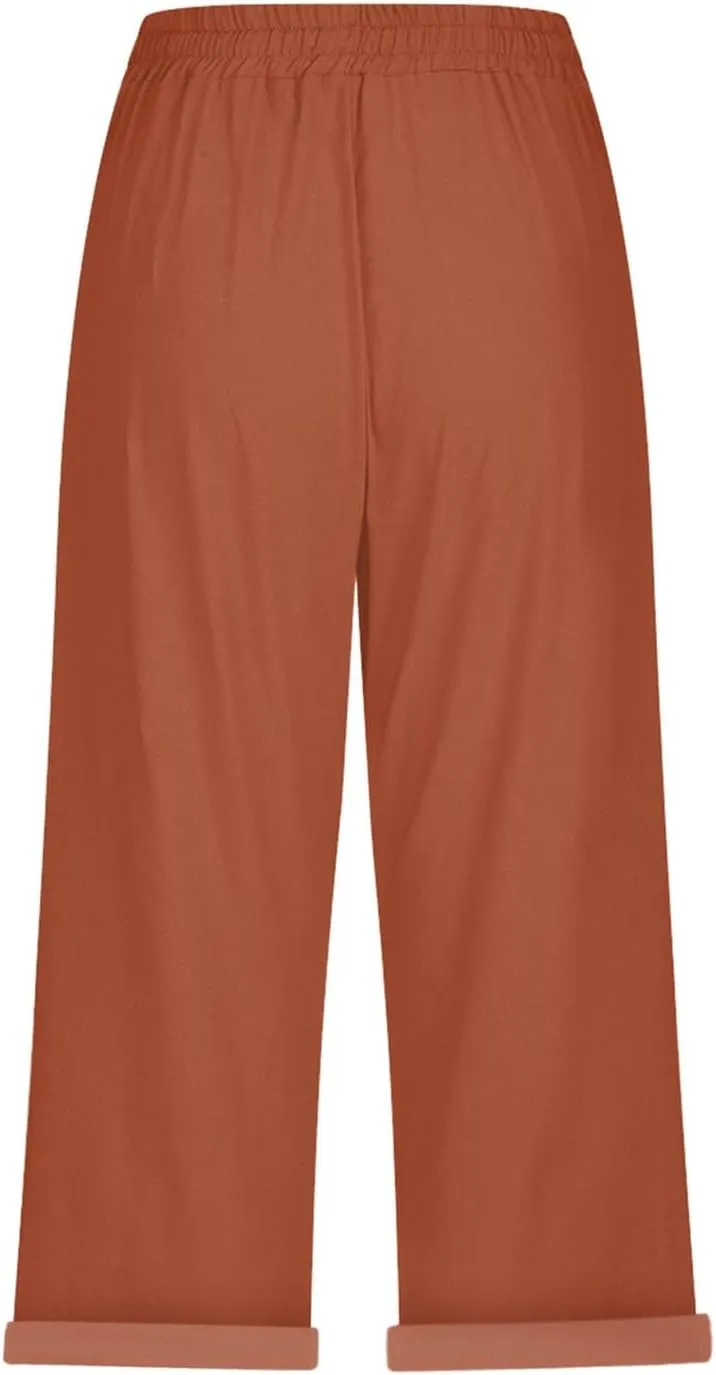Capris Pants for Women Color Cotton Linen Elastic Seven Pants Beach Casual Pants Linen Baggy Comfort Trousers with