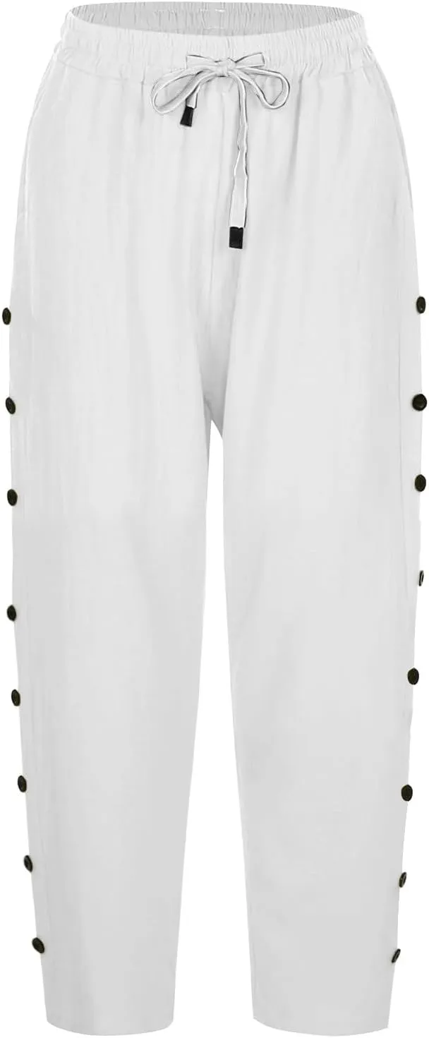 Capris Pants for Women Color Cotton Linen Elastic Seven Pants Beach Casual Pants Linen Baggy Comfort Trousers with