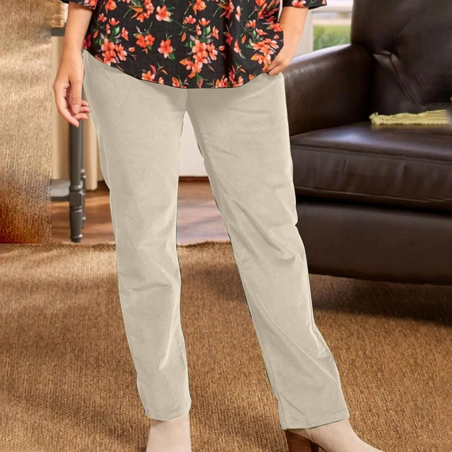 Casual Corduroy Pants for Women Solid Elastic High Waist Pants Loose Comfy Straight Leg Pants Loose Comfort Trousers