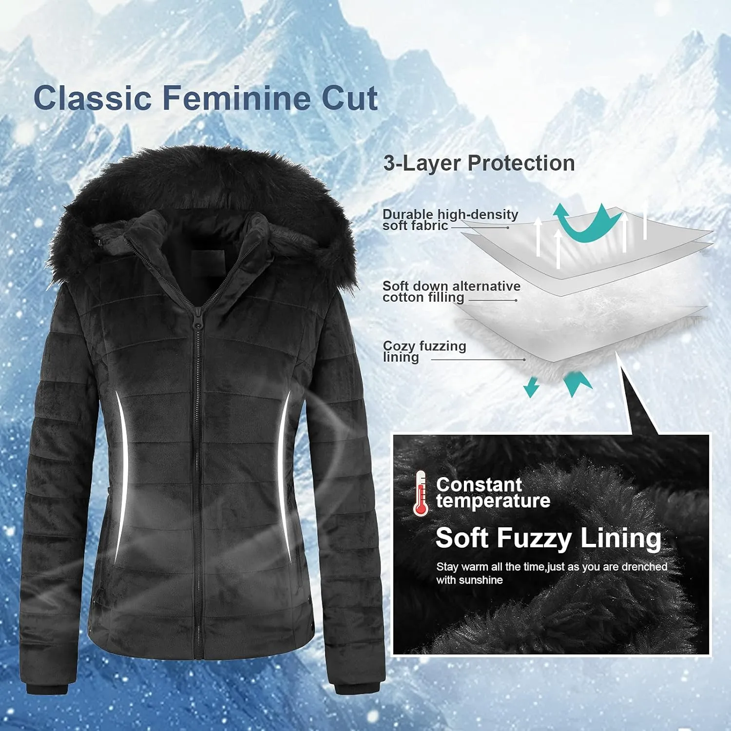 Chrisuno Women's Casual Short Winter Puffer Coat Soft Faux Fur Lining Lightweight Warm Jackets With Removable Hood