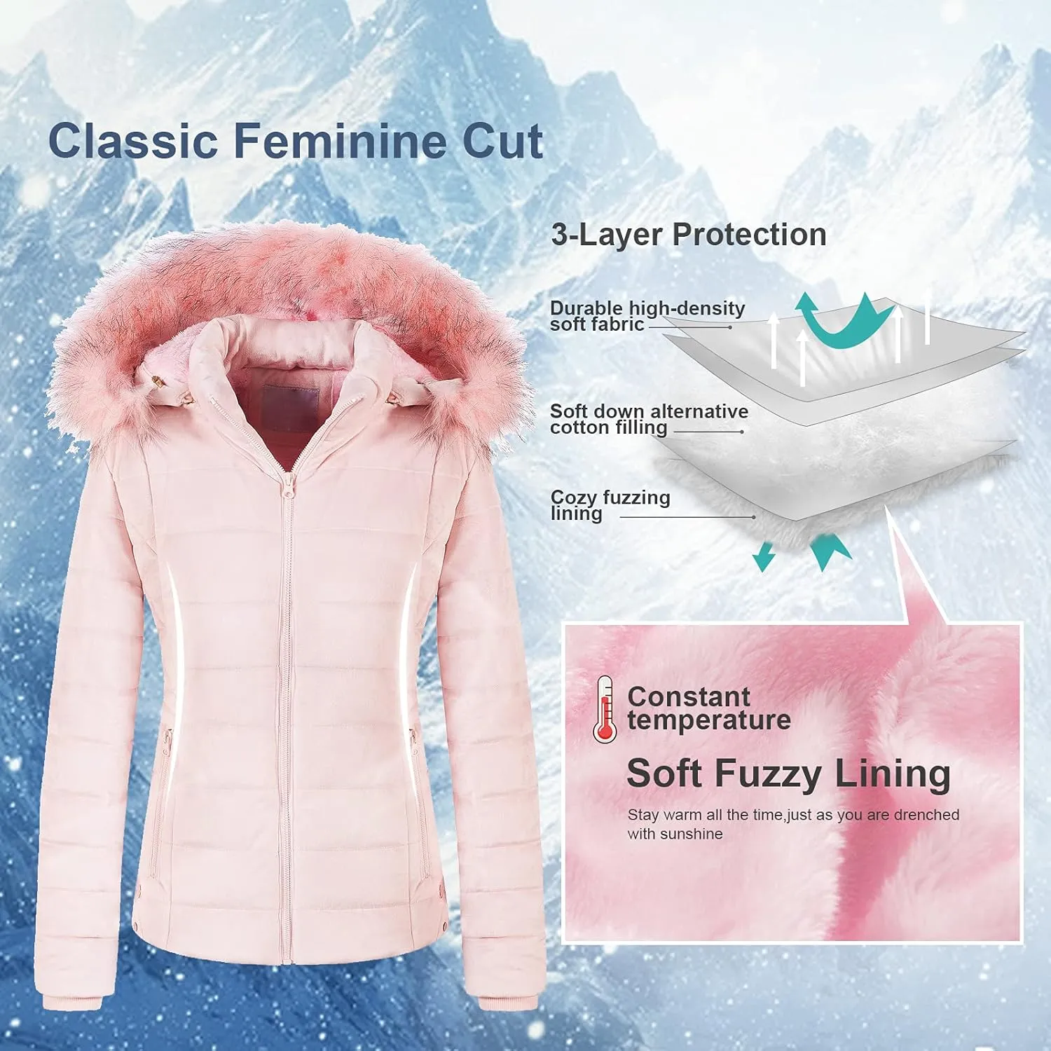 Chrisuno Women's Casual Short Winter Puffer Coat Soft Faux Fur Lining Lightweight Warm Jackets With Removable Hood