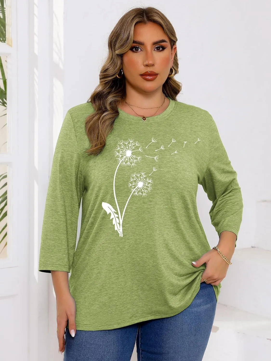 Chulianyouhuo Plus Size Tops for Women Cute Graphic Tees 3/4 Sleeve Flower Print Loose Fit Summer Casual T Shirts