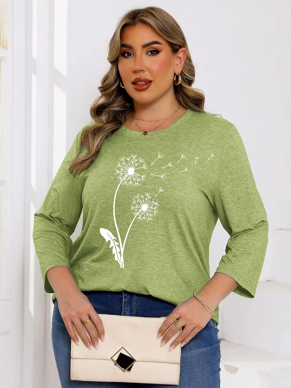 Chulianyouhuo Plus Size Tops for Women Cute Graphic Tees 3/4 Sleeve Flower Print Loose Fit Summer Casual T Shirts