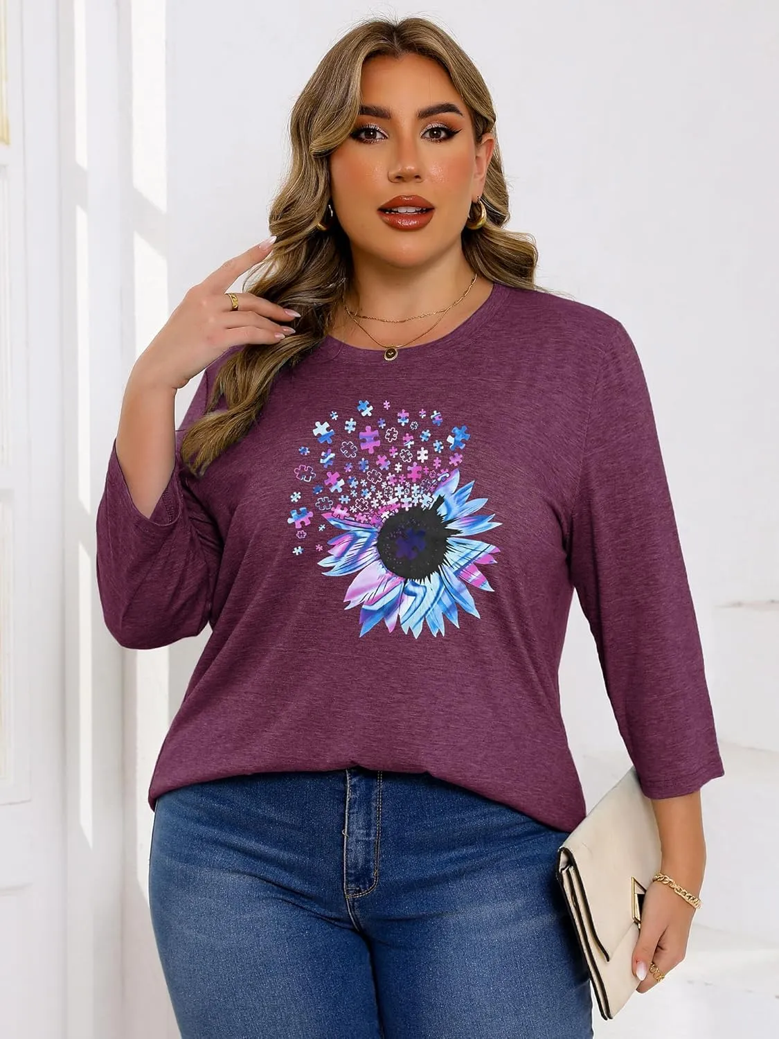 Chulianyouhuo Plus Size Tops for Women Cute Graphic Tees 3/4 Sleeve Flower Print Loose Fit Summer Casual T Shirts