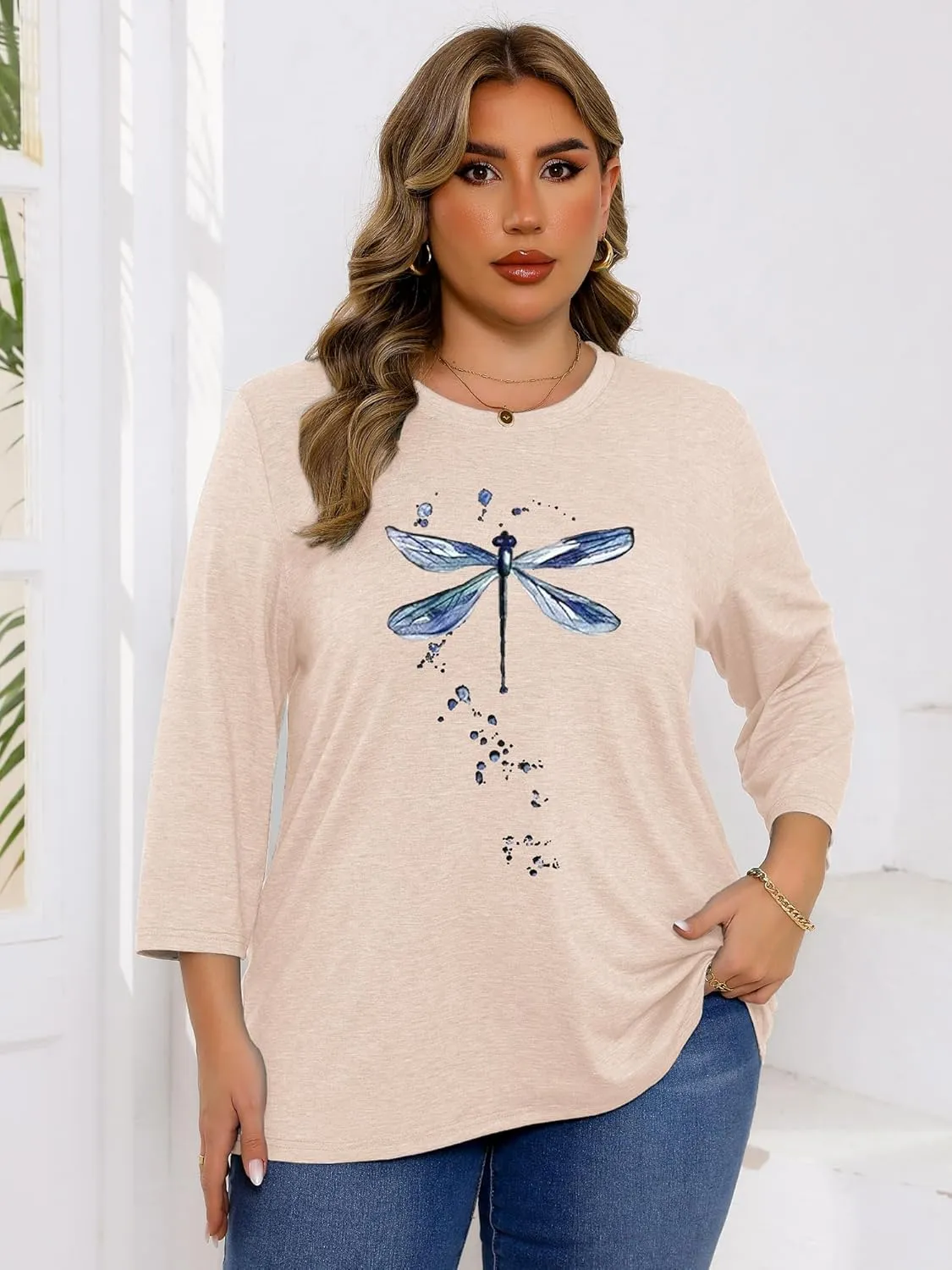 Chulianyouhuo Plus Size Tops for Women Cute Graphic Tees 3/4 Sleeve Flower Print Loose Fit Summer Casual T Shirts