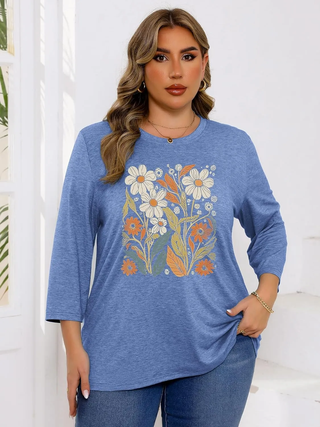 Chulianyouhuo Plus Size Tops for Women Cute Graphic Tees 3/4 Sleeve Flower Print Loose Fit Summer Casual T Shirts
