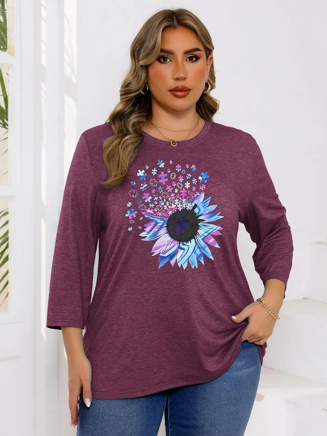 Chulianyouhuo Plus Size Tops for Women Cute Graphic Tees 3/4 Sleeve Flower Print Loose Fit Summer Casual T Shirts