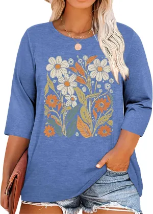 Chulianyouhuo Plus Size Tops for Women Cute Graphic Tees 3/4 Sleeve Flower Print Loose Fit Summer Casual T Shirts
